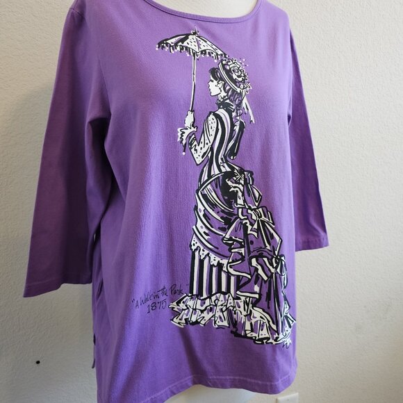 Bob Mackie A Walk In The Park 1875 Steampunk Purple Graphic 3/4 Sleeve Top L - Picture 3 of 10
